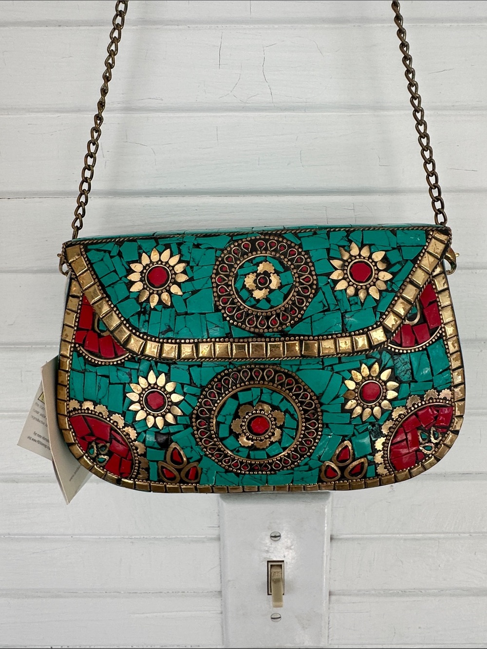 Turquoise Mosaic Metal Shoulder Bag with Red & Gold Accents